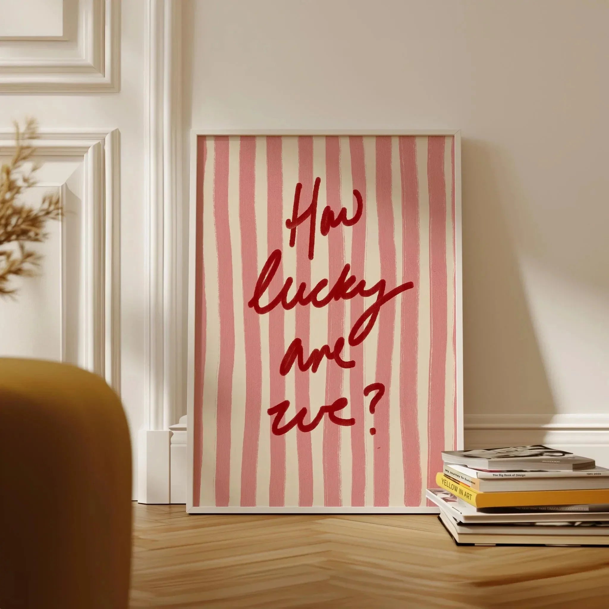 How Lucky Are We? Pink Stripes Quote Canvas Print Poster Modern Aesthetic Art Print Home Decor Art Poster