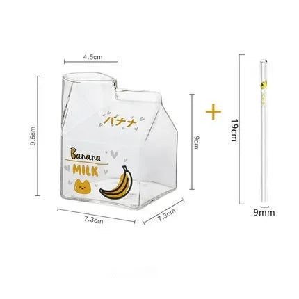 Kawaii Square Milk Carton Glass Cup Heat Resistant Cute Strawberry Peach Breakfast Cup Pudding Cup 380ml