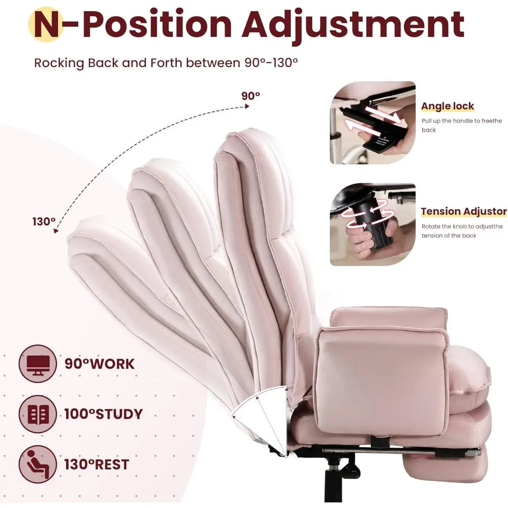 Modern Home Office Desk Chairs with Wheels and Retractable Footrest, Adjustable Backrest Velvet High Back