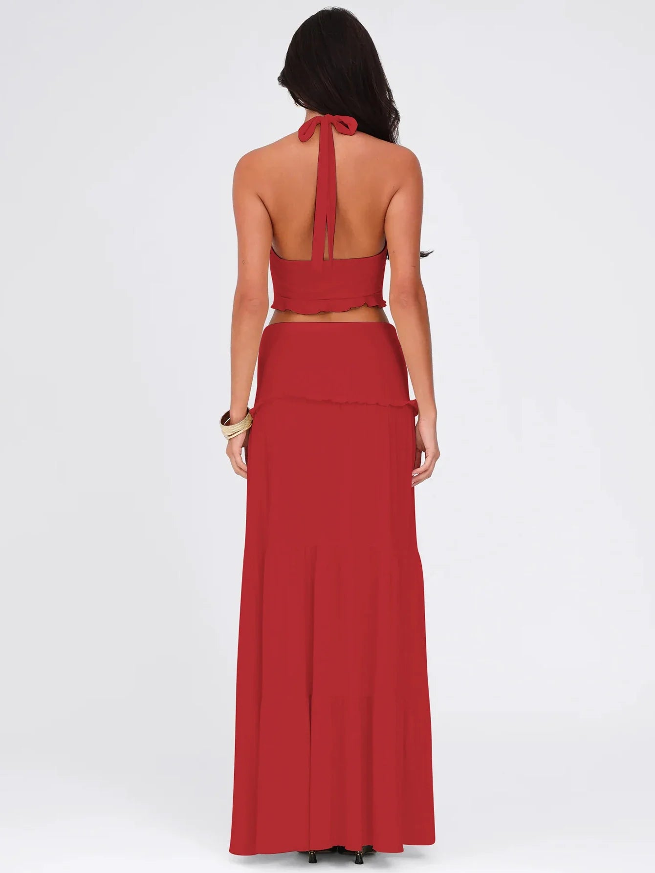 Sexy Elegant Ruched 2 Piece Skirt Set Lace Up Ruffles Patchwork Crop Top Tiered Maxi Skirt Matching Set