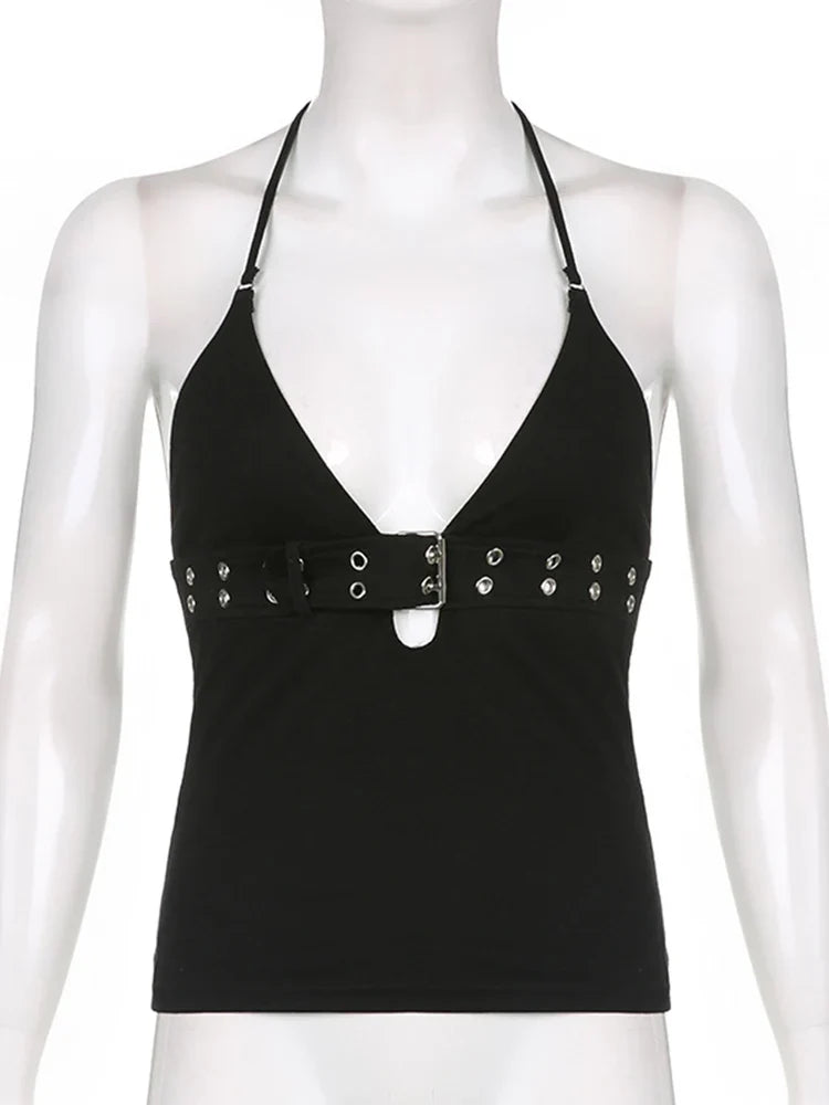 Y2K Bandage Crop Top Black Backless  Top Lace Up Cute Party Beach Summer Sweats Women Retro Basic Mini Vest Punk