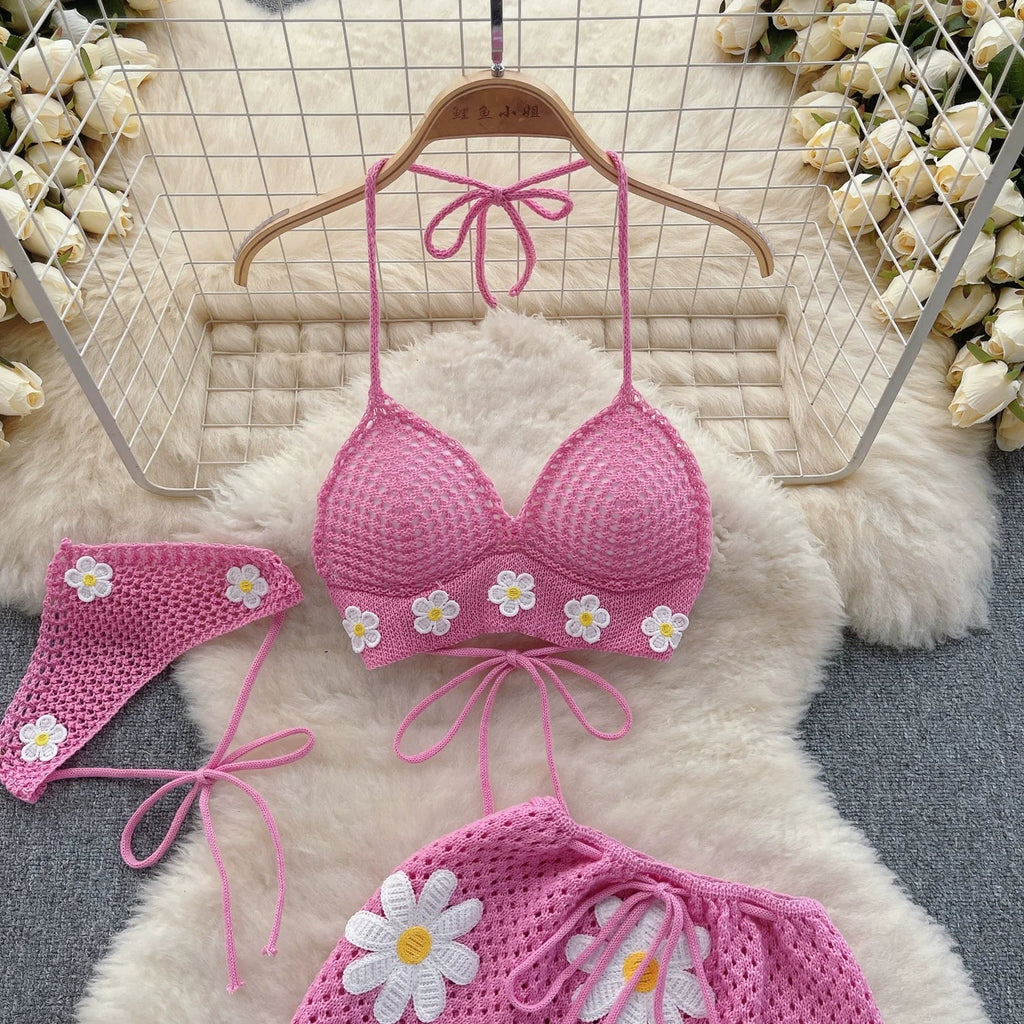 Hollow Out Knitted Suits Women Halter Lace Up Bow Backless Tank Top+Drawstring Split Mini Skirt Two Pieces Sets