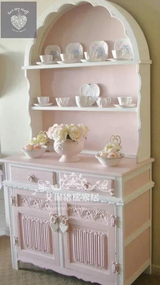 French Solid Wood Carving Flower Bookcase Dining Side Pink Princess Cabinet