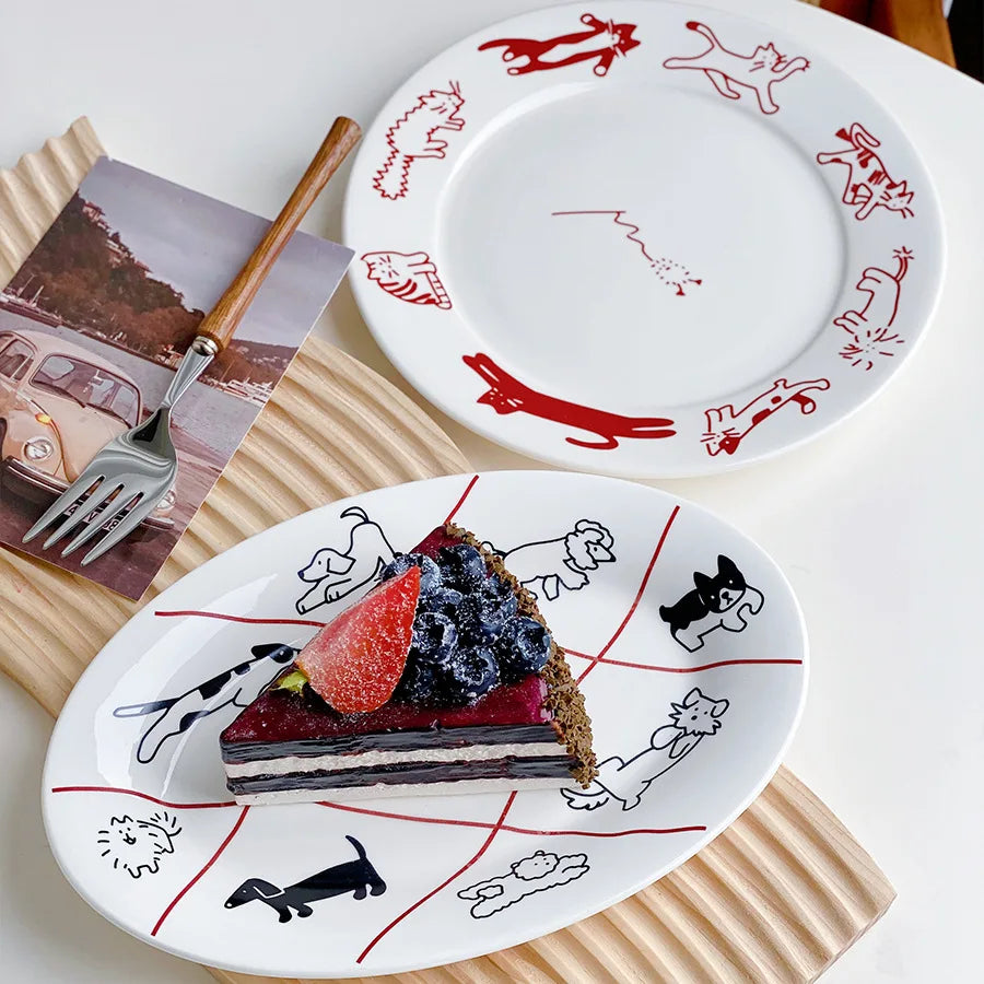 Cute Cat and Dog Ceramic Dessert Plate Cake Western Flat Plate Pasta Fruit Disc Dinner Set Plates and Dishes