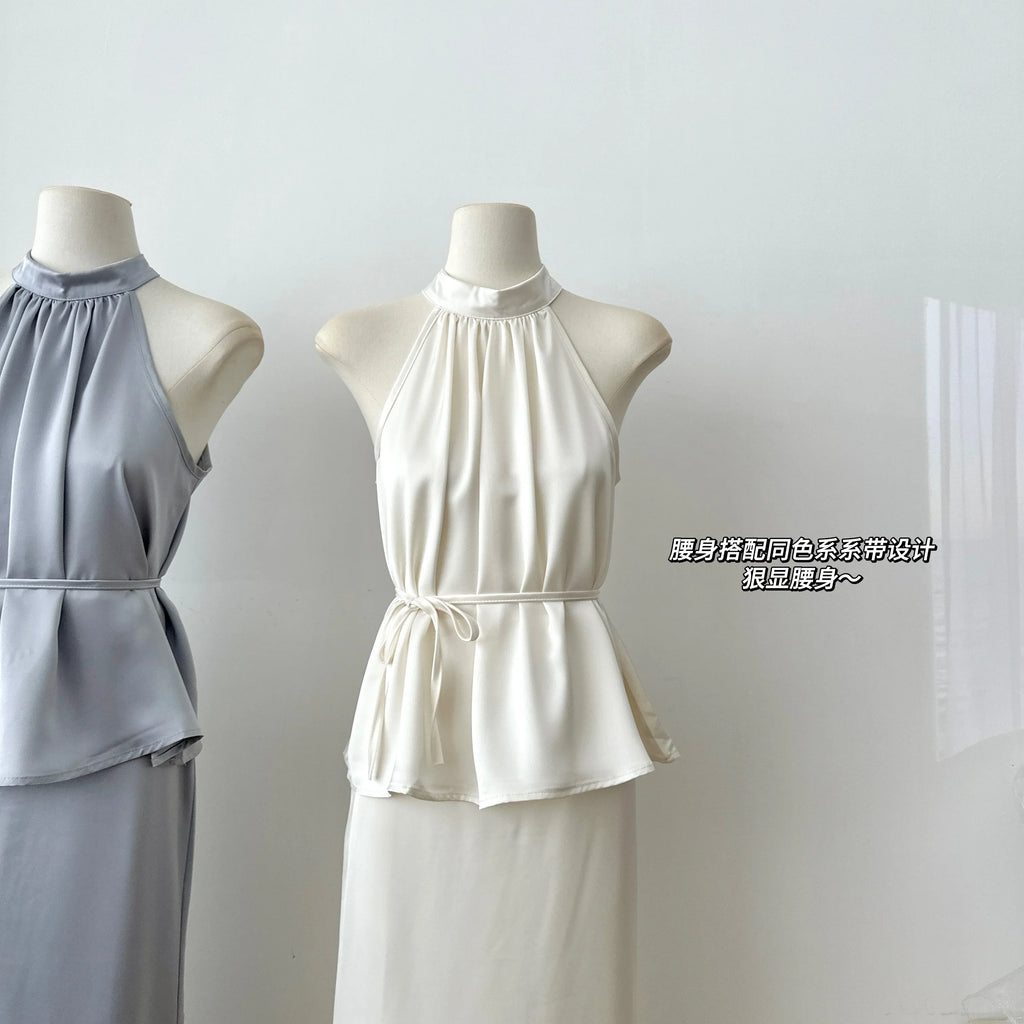 Sweet Hot Girl Casual Suit Women's Summer Satin Sleeveless Top High Waist Long Skirt Two-piece Set Fashion Female Clothes