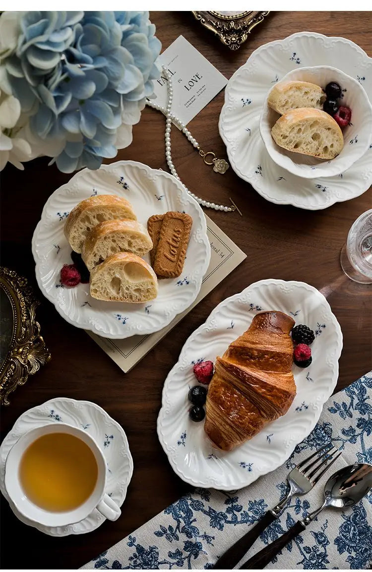 Ceramic Floral Bowl Dish Set Oval Plate New French Medieval High-end Cup Dish Set