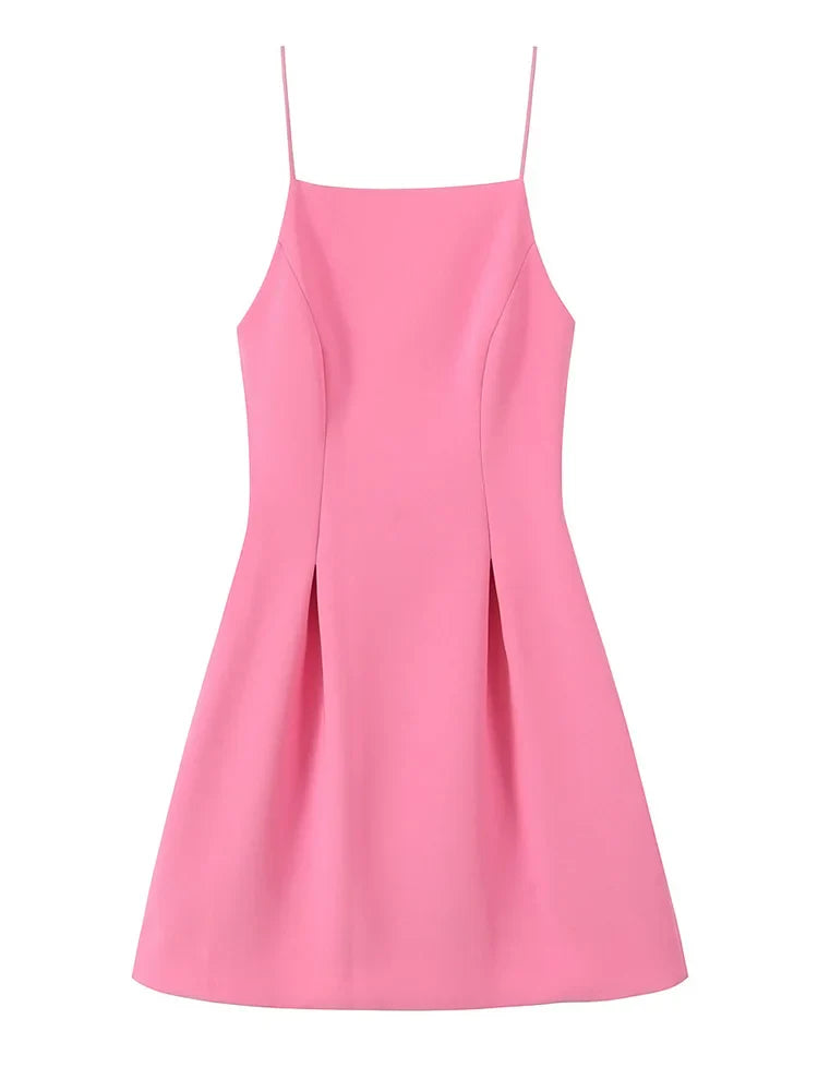 Ladies Pink Spaghetti Strap Dress Summer New Simple Style Women Slim Short Dress Party Fashion A-Line Dress