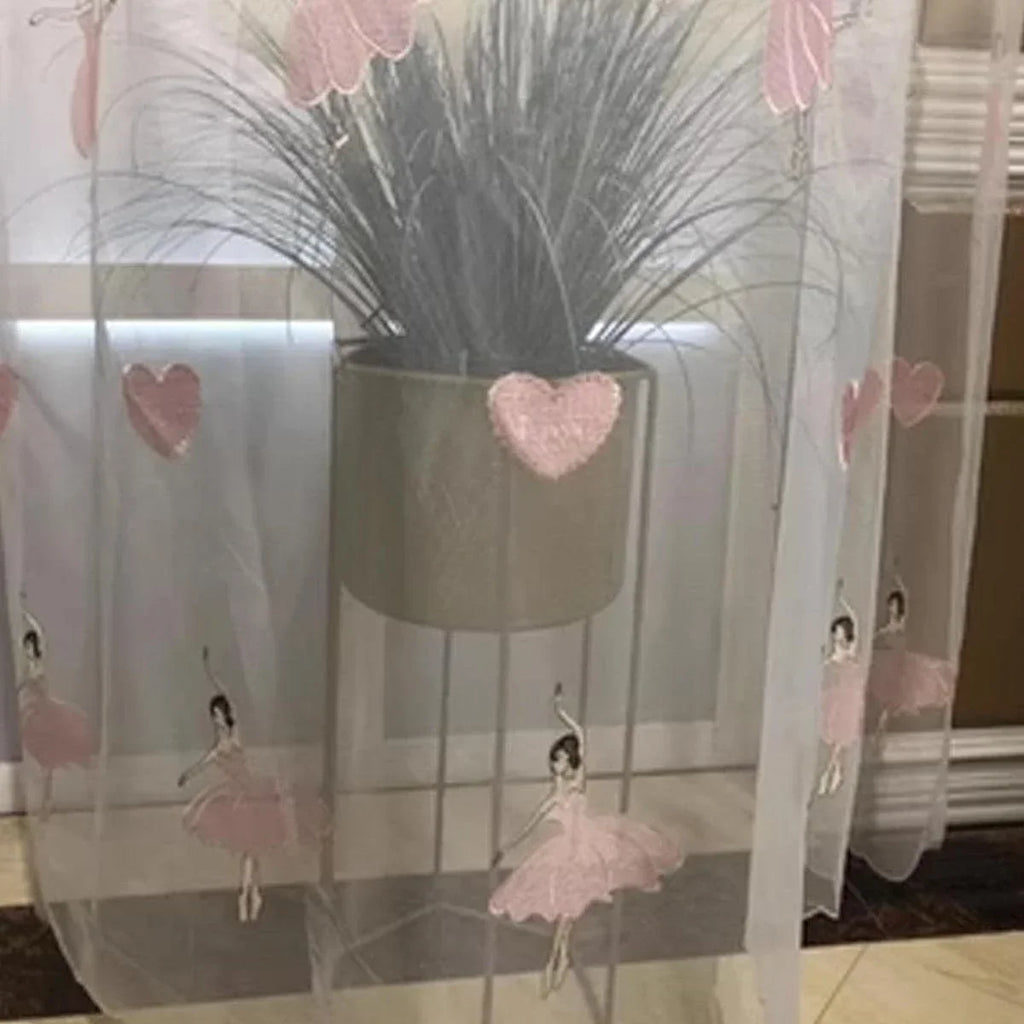 Pink Ballet Embroidered Gauze  Curtains for Living Room Finished Window Curtains for Bedroom