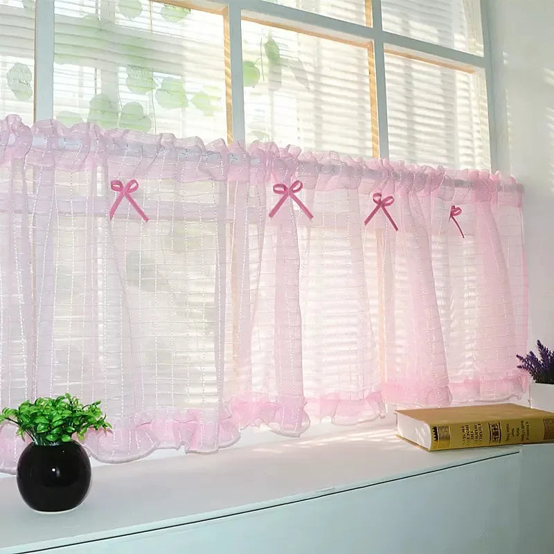 Pink Short Plaid Sheer Tulle Curtains lWindow Screens Voile Drapes Home Decor