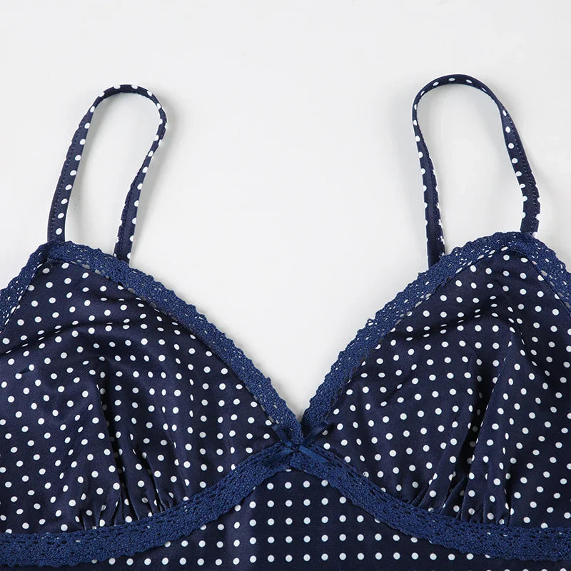 Y2K Polka Dot Crop Top Casual Lace Stitching Sleeveless Skinny Strap Tops Women Basic Camisole Streetwear Tees Aesthetic