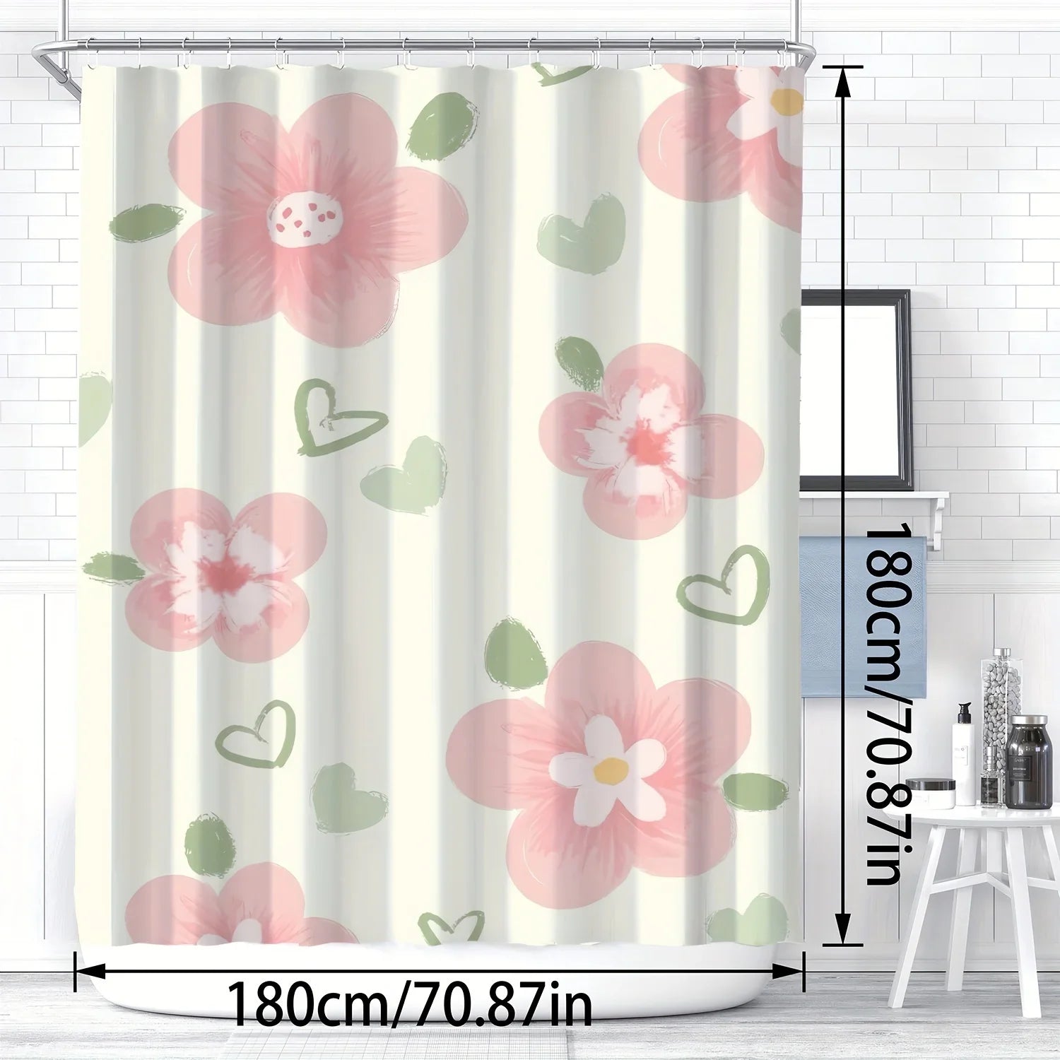 Pink Floral and Heart Print High Quality Shower Curtain - Cute and Stylish Bathroom Decor with Hooks, Polyester Fabric