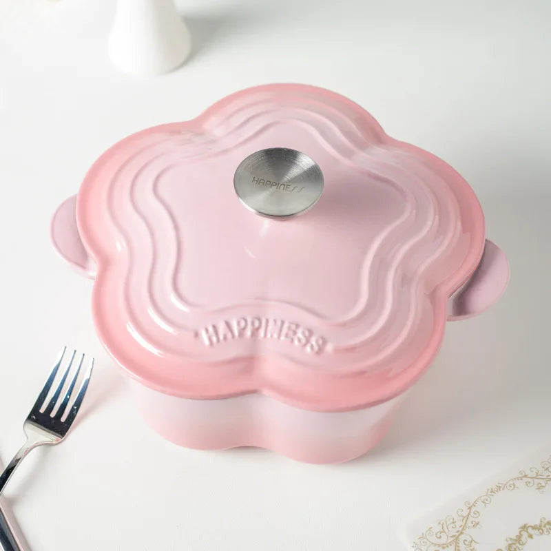 Petal Cast Iron Pots Dutch Oven Binaural Enamel Pot for Bake Bread and Casserole Dish Braising with Lid for All Heat Source