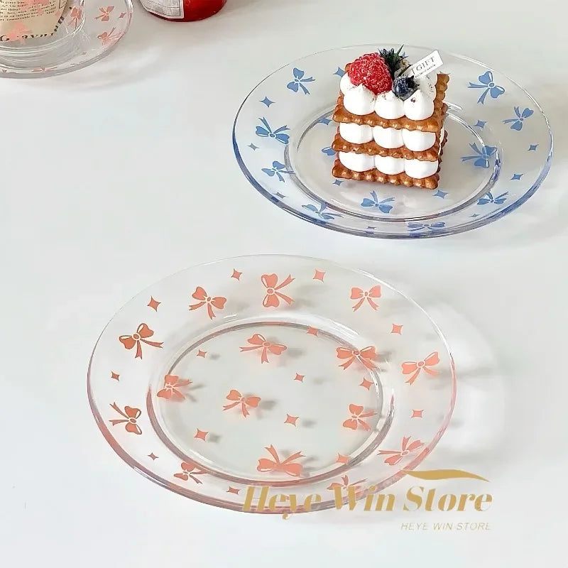 Pink and Blue Bow Glass Plate Plate