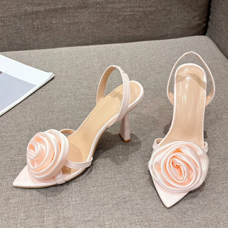 Fashion Silk Rose Flowers Pointed Open Toe Back Strap Women High Heels