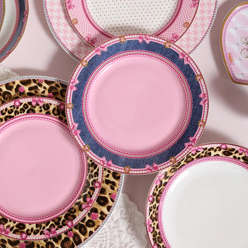 Pink Heart Shaped Dining Plate, Breakfast Tray, Ceramic Lace, Leopard Pattern Tableware, Afternoon Tea Salad Dessert
