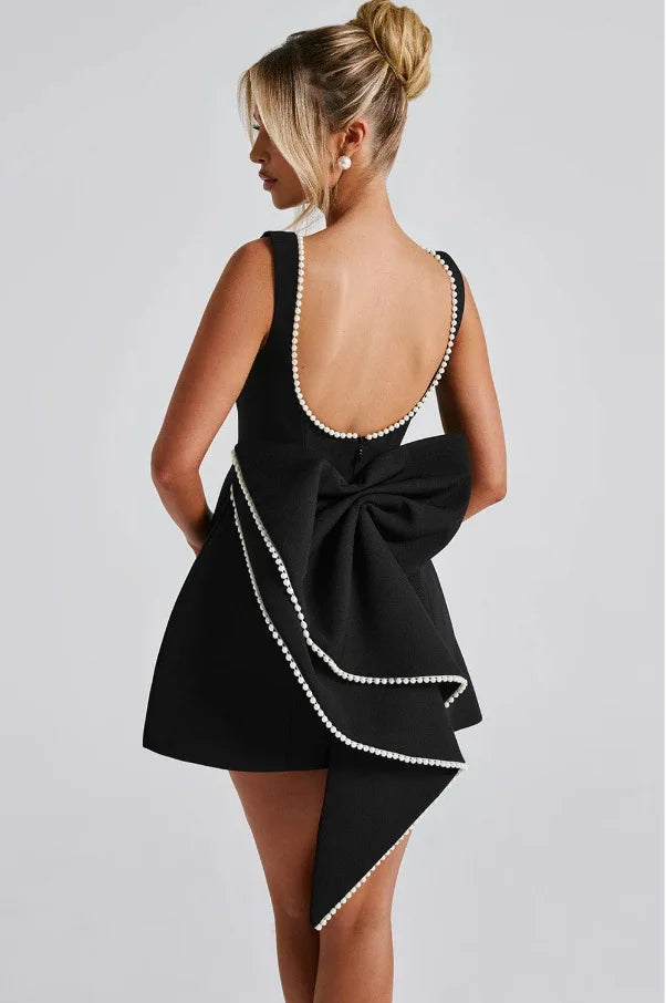 Elegant Pearl Bow Backless Sexy Mini Dress Women's Luxury Party Short Dresses