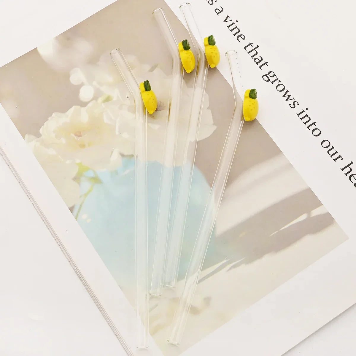 Lemon Glass Bent Straw Set with Brush 2/4/6/8pcs Drinkware