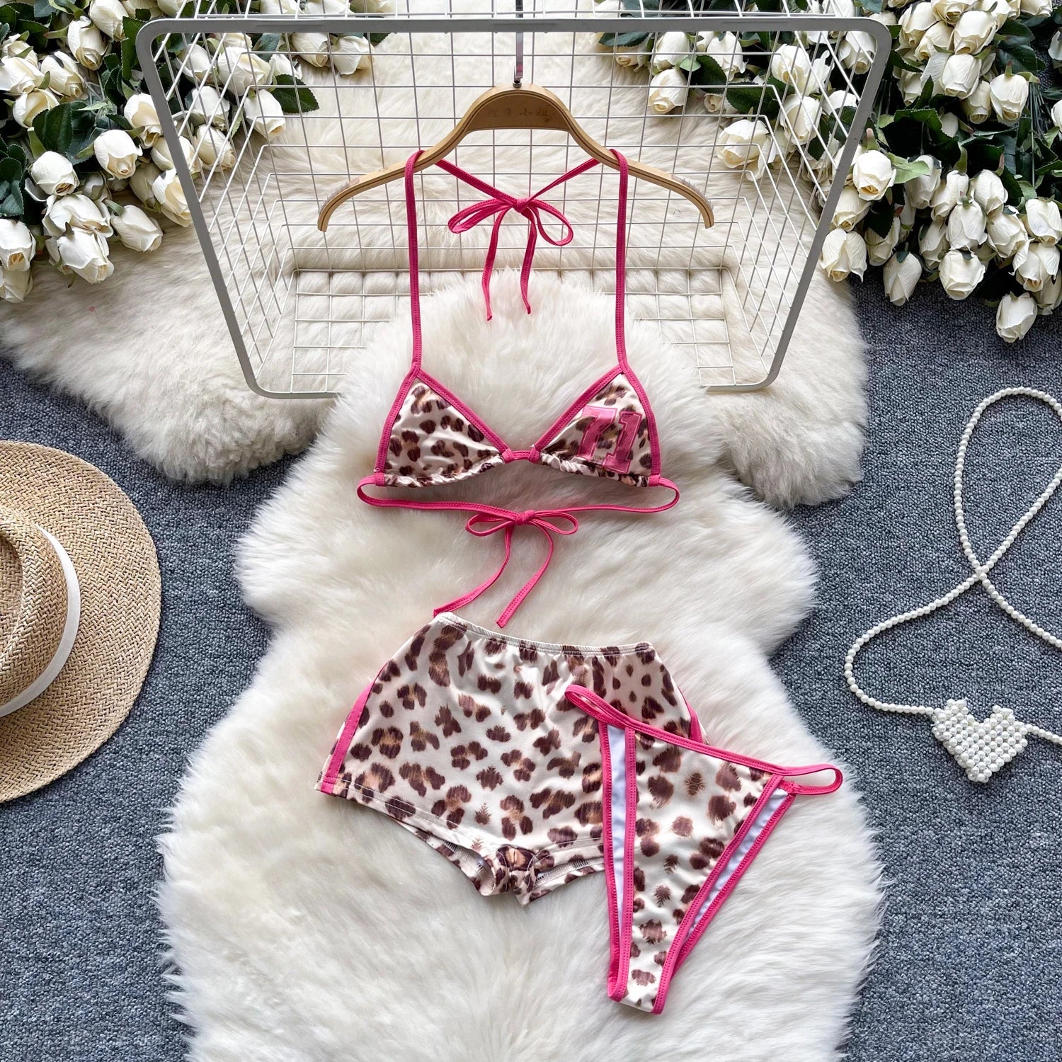 Leopard Bikini Hotsweet Three Piece Set Halter Bra+Slim Shorts+Mini Briefs Women Lace-Up Backless Sexy Suits