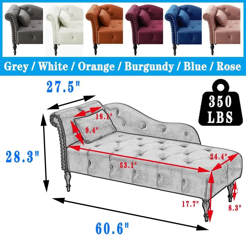 Upholstered Velvet Rolled Arm Chaise Lounges Indoor Chair, Right Arm Facing Chaise Lounge with Nailhead Trim and 1 Pillow