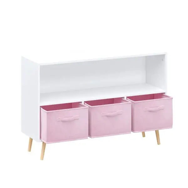 Kids Bookcase with Collapsible Fabric Drawers, Children's Book Display, Toy Storage Cabinet Organizer, White/Pink