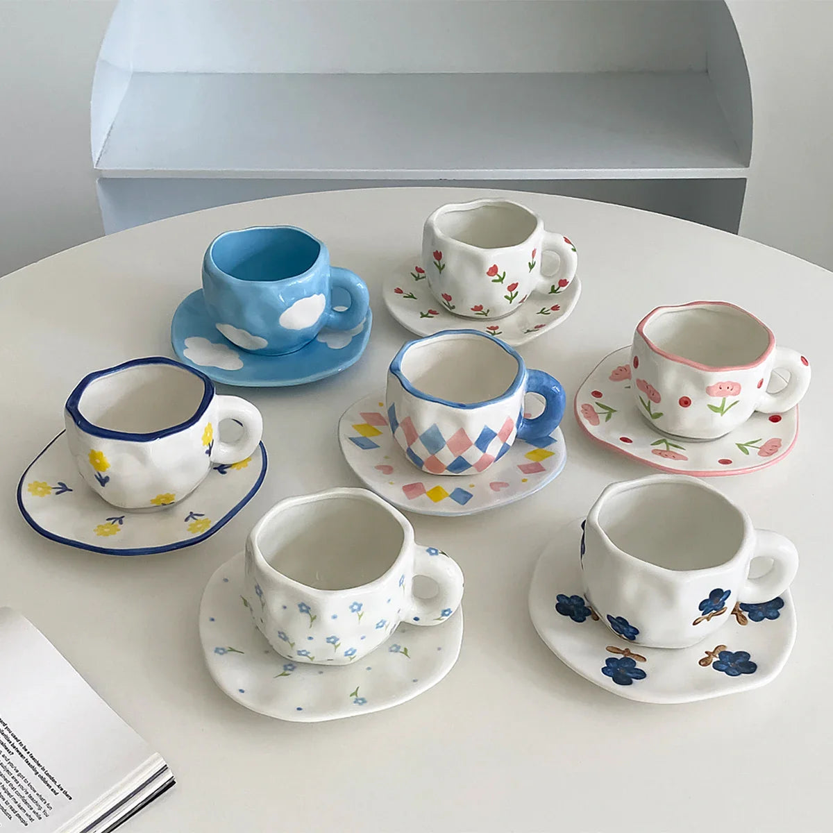 Hand-Kneaded Ceramic Cup and Saucer Multi-Color Plaid Heart Blue Sky and White Clouds Flower Mug Suitable for Afternoon Tea