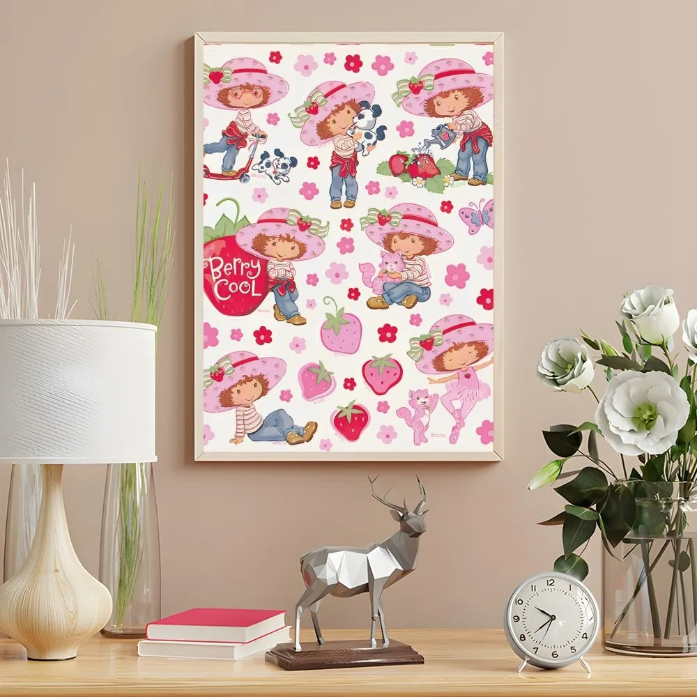 Cartoon Strawberry Shortcake Poster Cute Pink Room Decor Printing Home Decoration Waterproof Bathroom Room BedRoom Posters