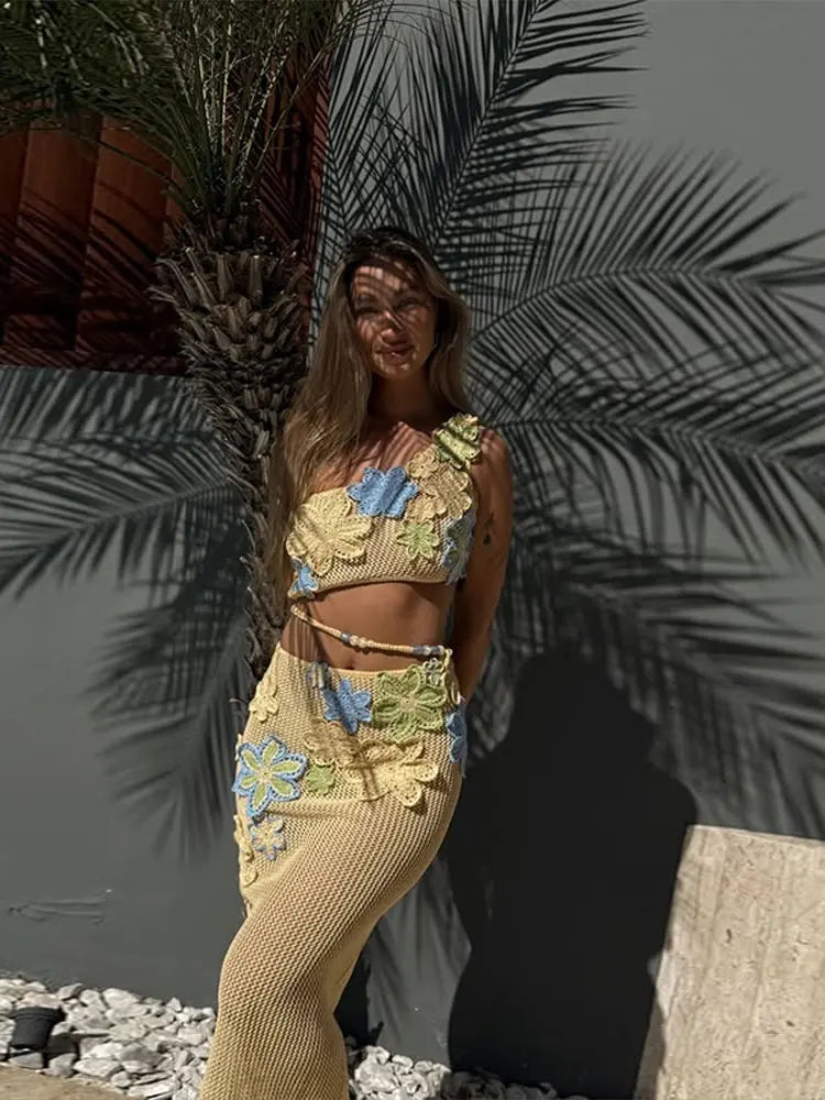 Sexy Beach Women's Set Beading Flower Crochet Crop Top Slim Maxi Skirt Female Suit Summer Hollow Out Knit Lady Dress Sets