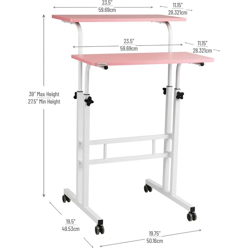 Pink Standing Desk, Adjustable Height, Computer Desk, Laptop Desk, Portable, Rolling, 15" L x 22" W x 39" H
