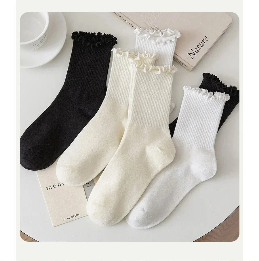 Pairs Lot Socks for Women Ruffle Middle Tube Ankle Short Breathable Black White Set Spring Autumn