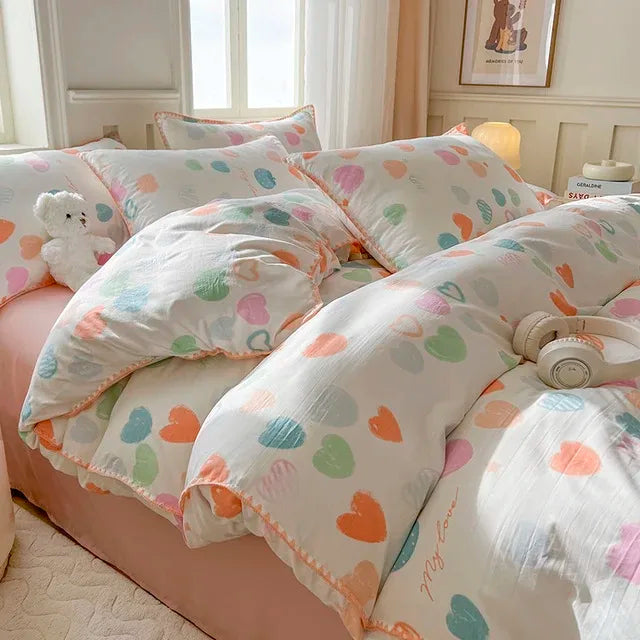 Tulip Double Layer Yarn Quilt Cover Bed Sheet Pillowcase Bedding Set Girls Duvet Cover Set No Filler