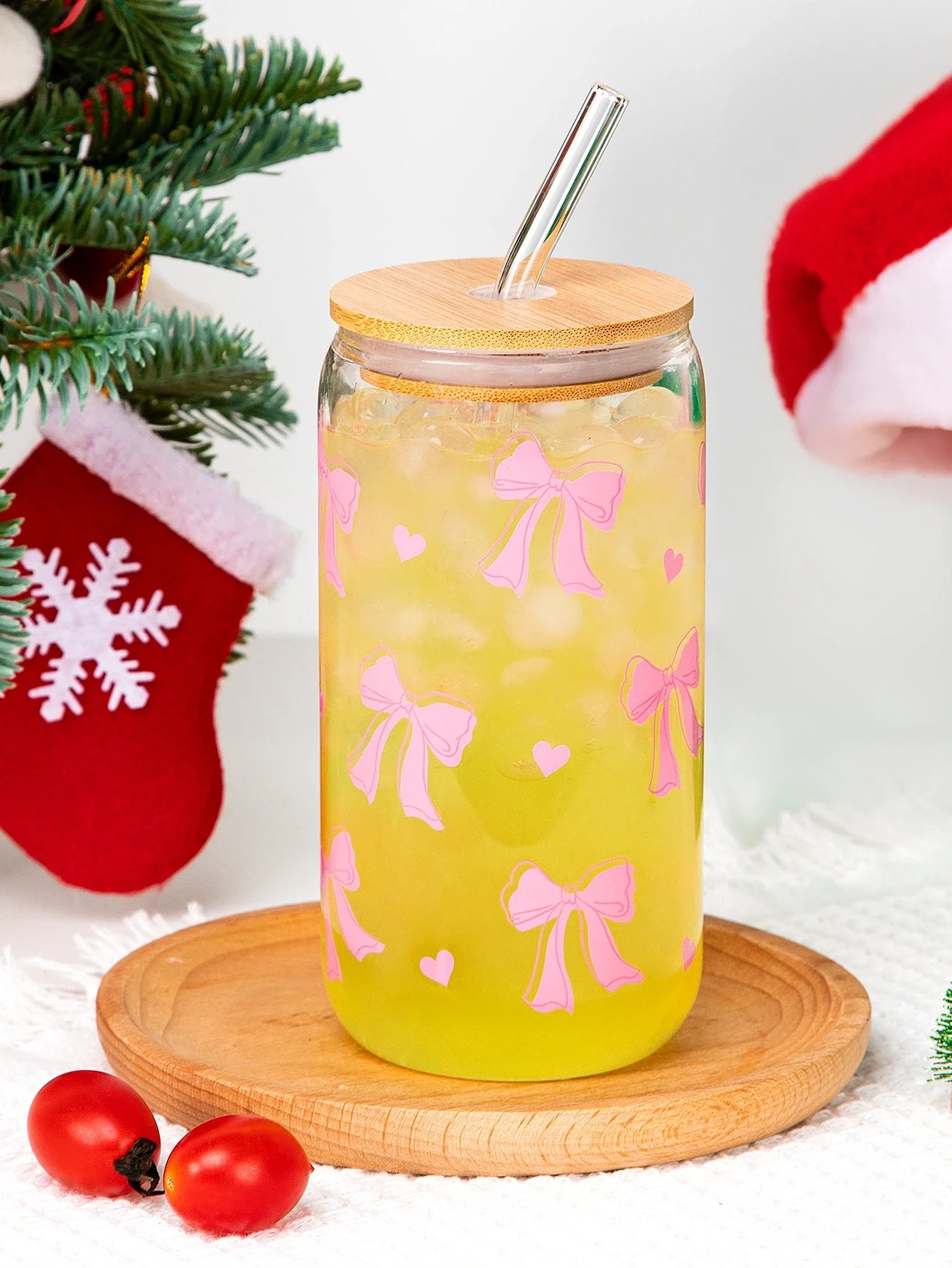 Cute Bow Glass Cup Love Cherry Bow Pattern With Lids & Straw 500ml