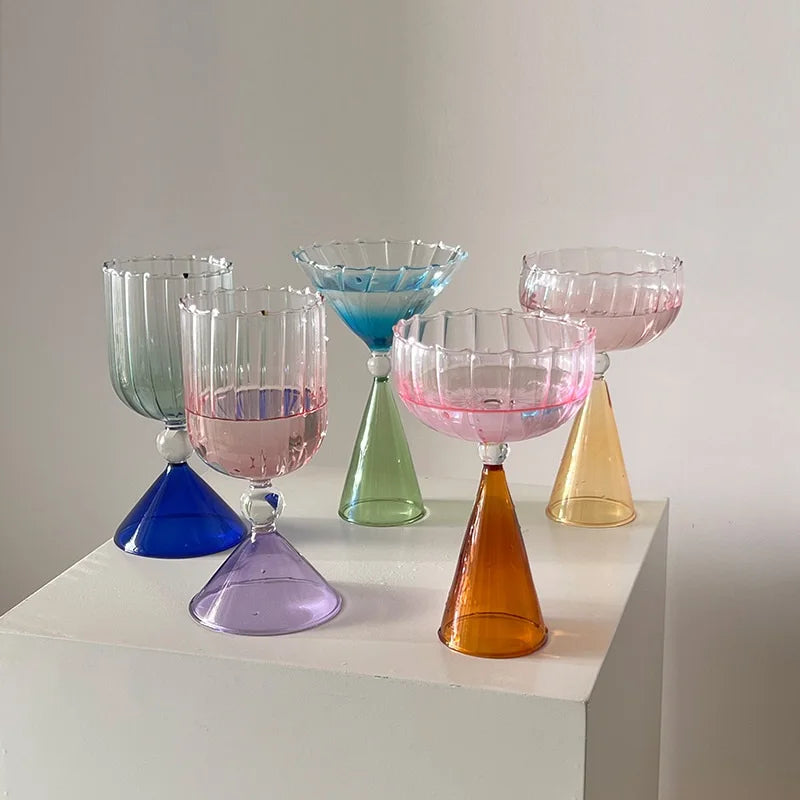 Clear Two Tone Green Blue Amber Purple Colored Ripple Style Martini Mojito Champagne Margarita Cocktail Glasses Goblet Cup