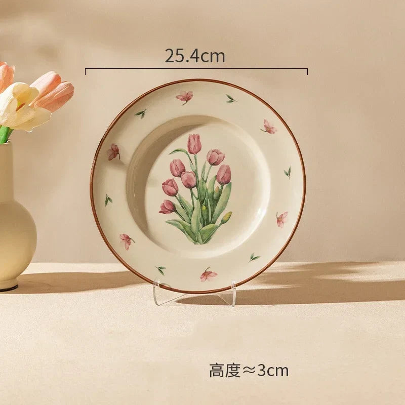 Retro Tulips Flower Ceramic Light Luxury Exquisite Dessert Plate