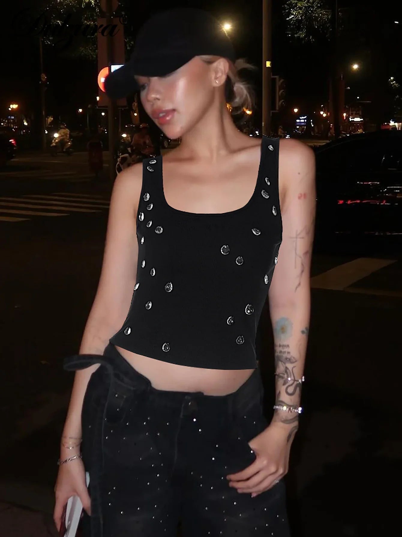 Ribbed Sleeveless Water Droplets Diamond Decorated Tank Sexy Casual Bodycon Top Party Club Streetwear Spring Summer