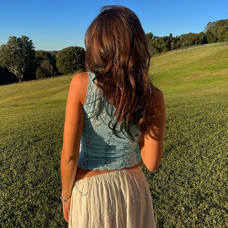 Woman Clothes Lace Tank Tops Sexy Deep V-neck See-through Sleeveless Blue T Shirt Female Corset Crop Top Party Clubwear