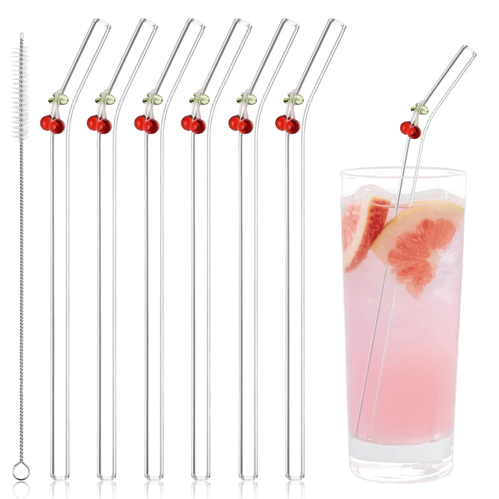 Cherry Design Reusable Straws Clear Glass Straws Colorful with 1 Cleaning Brush