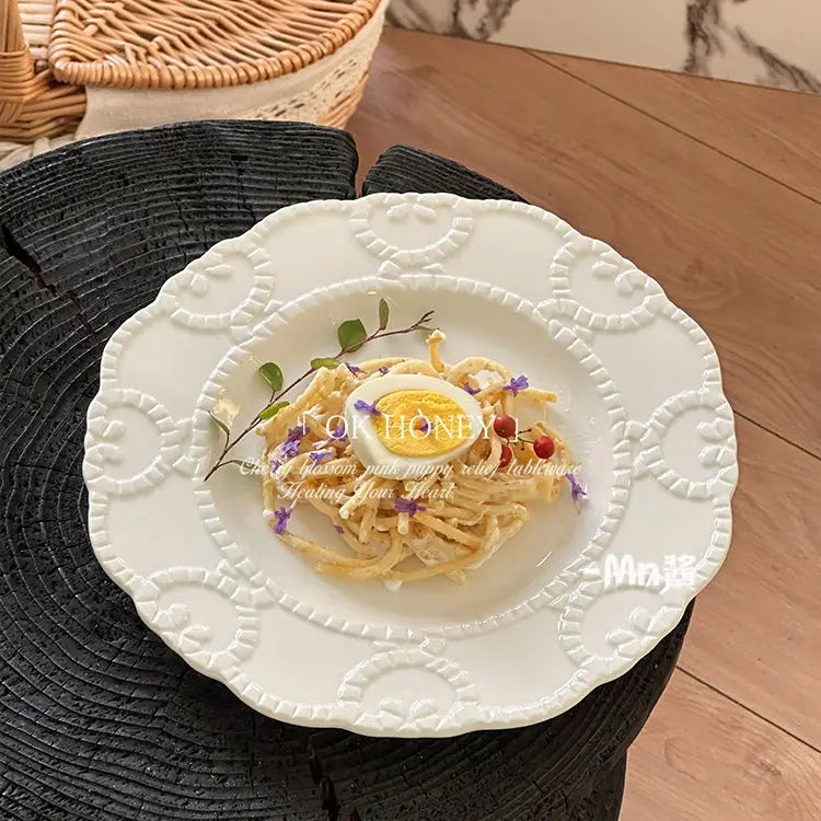 French Vintage Relief Dinner Plate White Color Carving Craft Elegant Serving Dish Decorative Platter Household Kitchenware