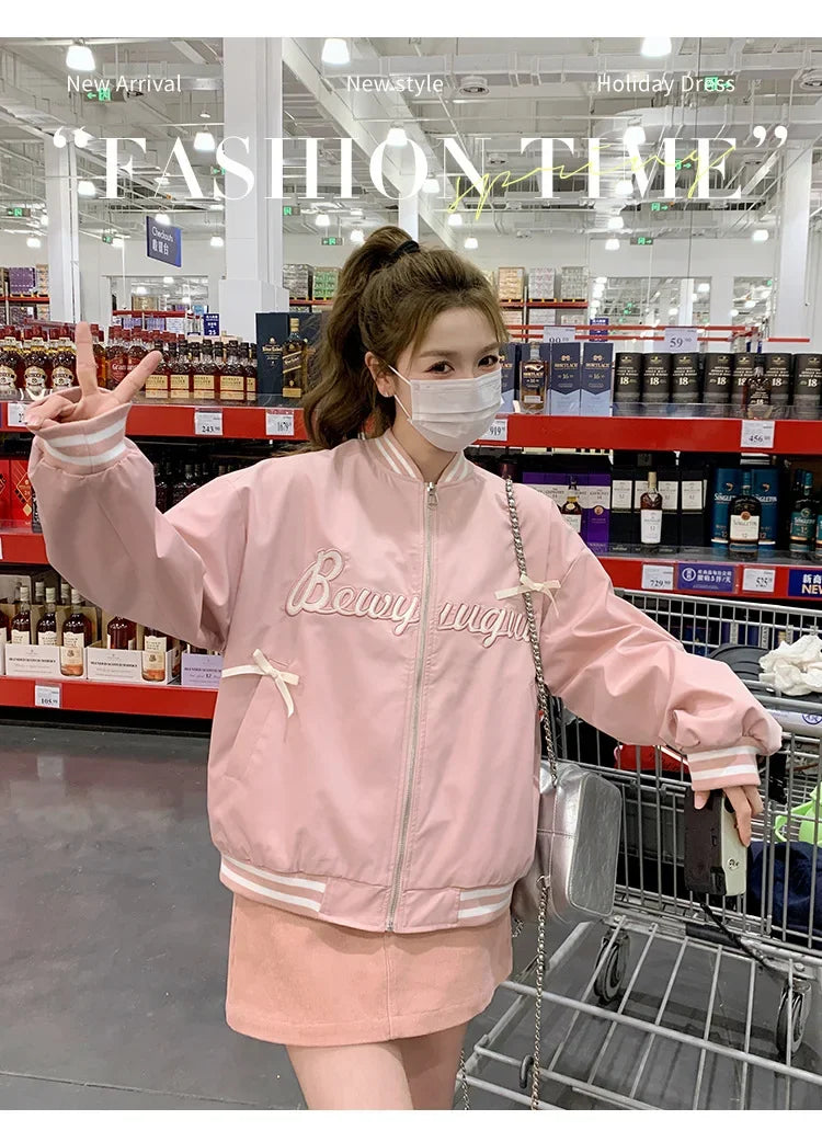 Sweet Butterfly Knot Pink Baseball Jacket Women's Spring Autumn Casual Loose Fit round Neck Full Sleeve Fashionable Coat