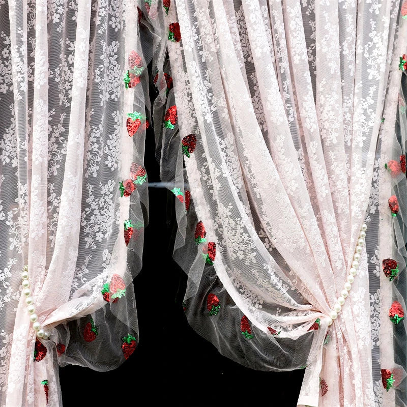 French Pink Lace Cute Strawberry Sequin Lace Curtains