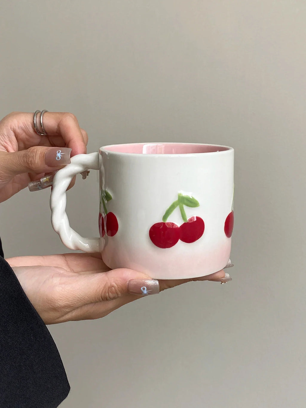 Pink Cherry Ceramic Mug, Twist Handle Ceramic Exquisite Pink Gradient Cup