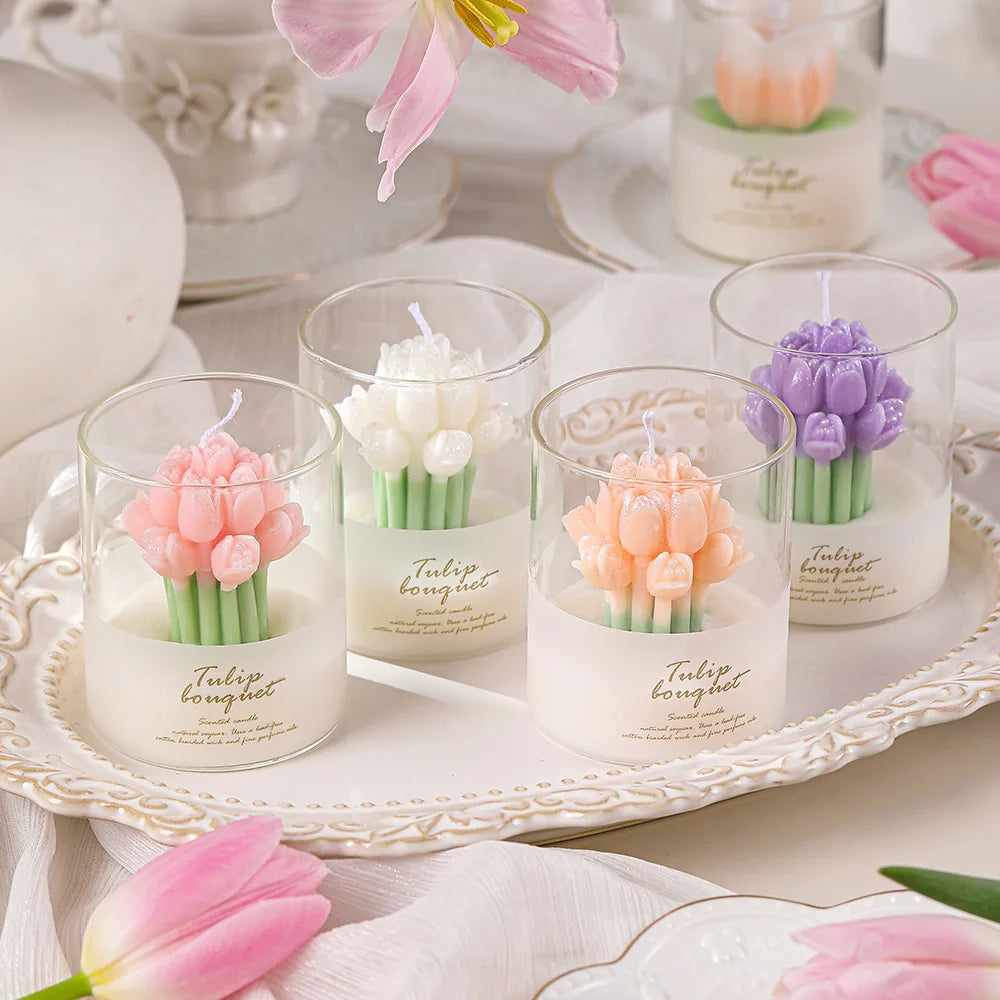 Lover's Handmade Flower Shaped Soy Wax Scented Candle Fruity Fragrance for Atmosphere & Gift Box Tulip & Fruit Pattern