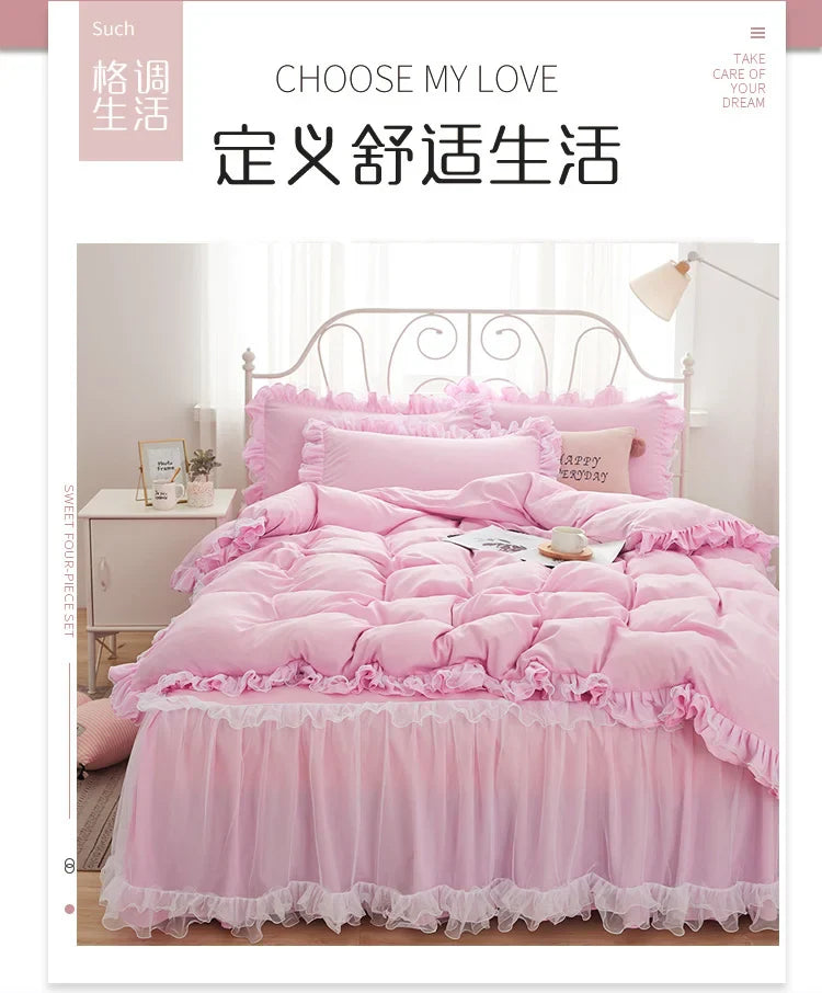 Princess Girl Pink Bedding Skirt Sheet With Lace Solid Color Bed Cover Pillowcase Decor Bedroom