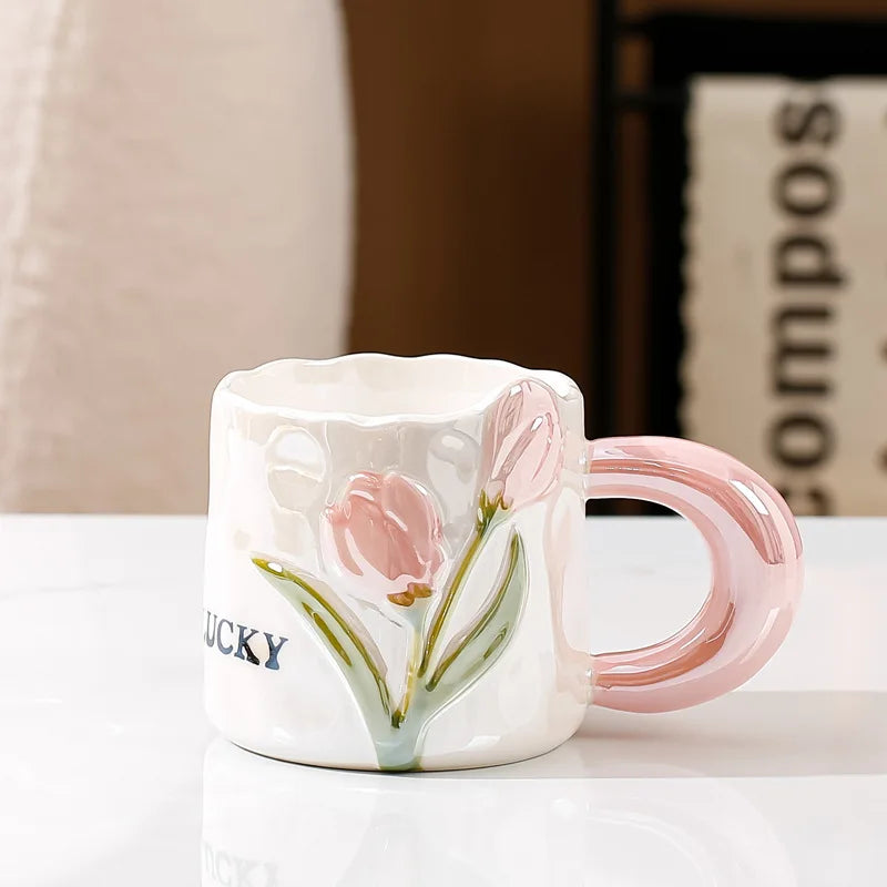Creative Tulip Ceramic Cup with Handle Spoon Mugs