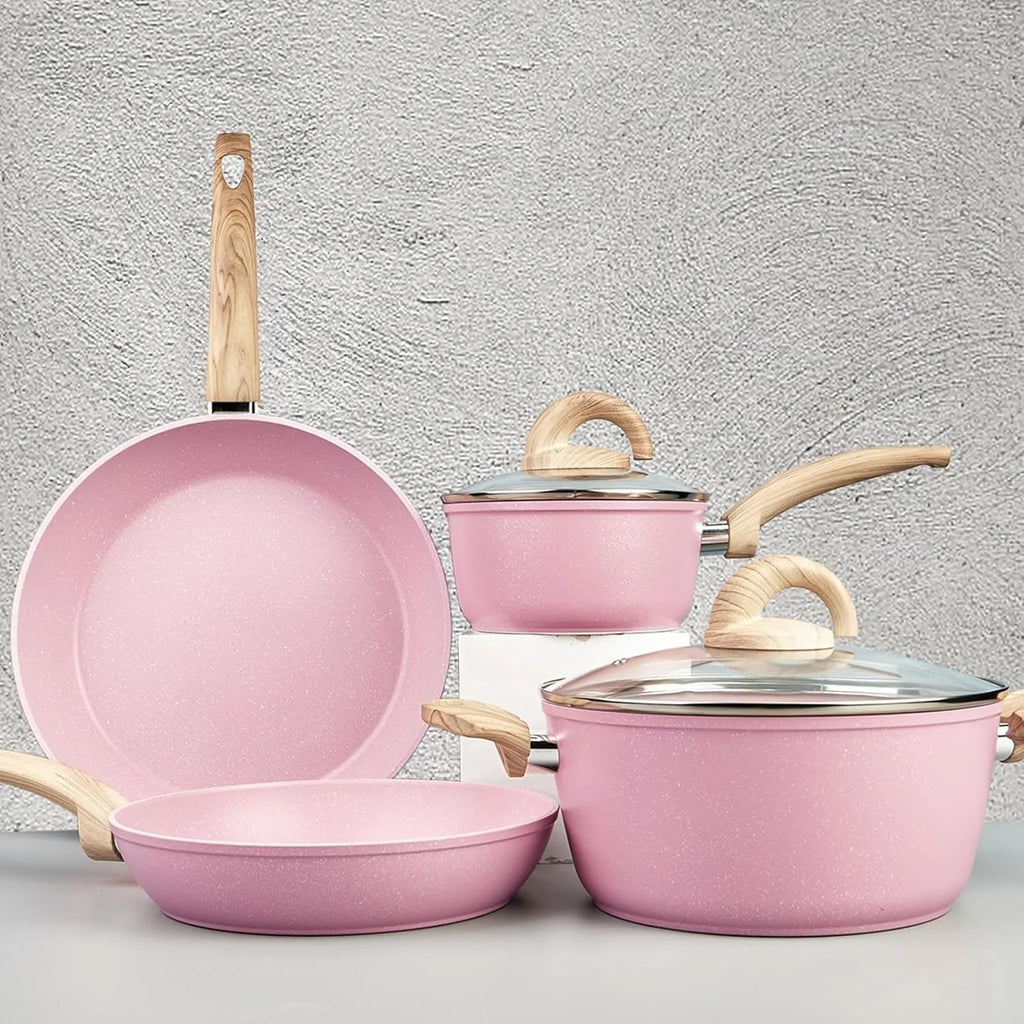 Pink Pots and Pans Set Non Stick, Ceramic Cookware Set with Granite Pattern Kitchen Cooking Sets Induction Pot and Pan w/Frying