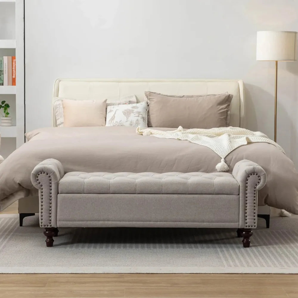 Long Upholstered Storage Bench, End of Bed Storage Bench For Bedroom, Brown 58.1"