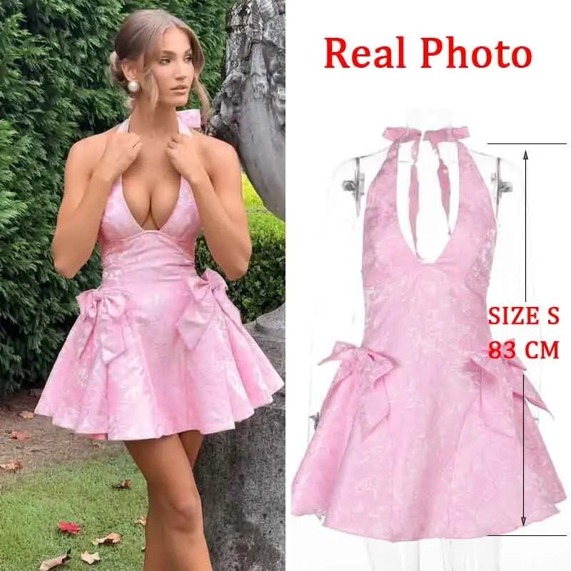 Pink Jacquard Halter Bow Evening Party Dress Women Robes Backless Elegant Sexy Dress Bodycon Mini Dress