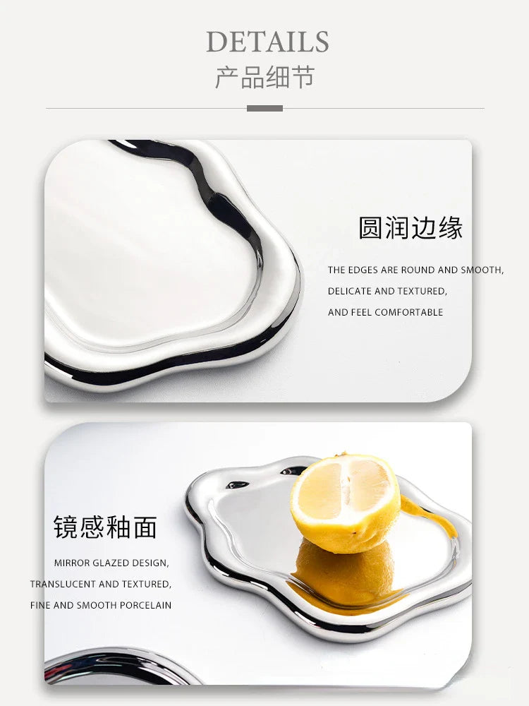 White/Silver Ceramic Plate High-Cloud Plate