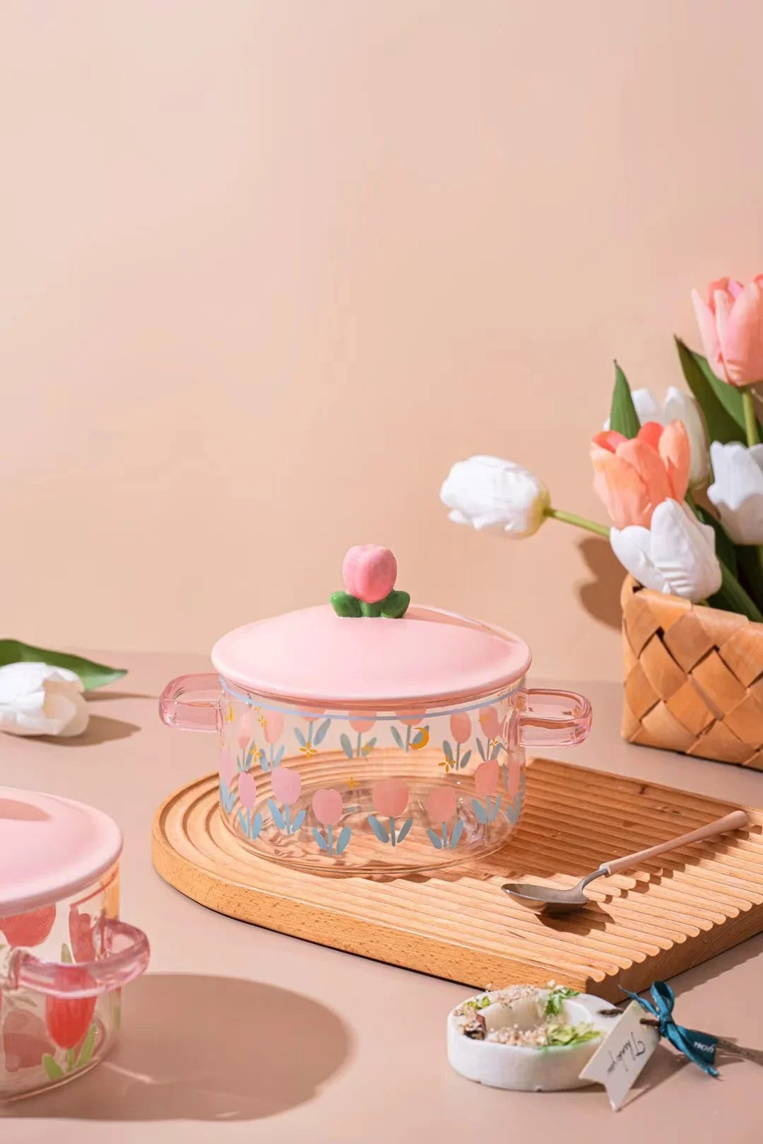 Pink Flower Instant Noodles Glass Pot Can Be Heated Soup Pot Double Ears Salad Bowl Covered with a Large Capacity Bowl