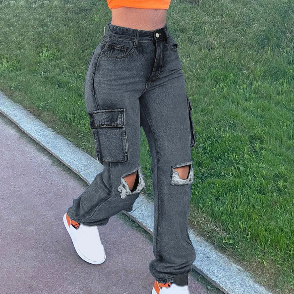 Women's Washed Baggy Pocket Cargo Straight Trousers Jeans Ladies Streetwear