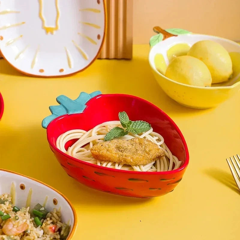 Hand Painted Fruit Shape Cute Fruit Salad Plate Creative Ceramic Bowl Pineapple Strawberry Lemon Ceramic Cutlery